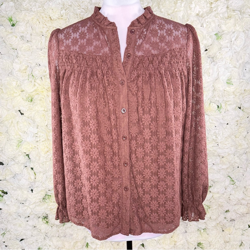 Pretty Garden Lace Button-Up Blouse Brown Large - Picture 2 of 9